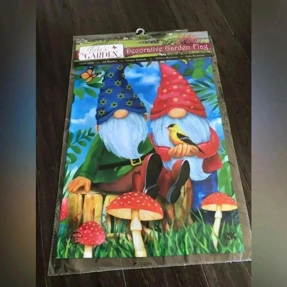 Erin’s Garden Garden Flag - Gnomes in the garden with mushrooms – 12.5 x 18” - Picture 1 of 2